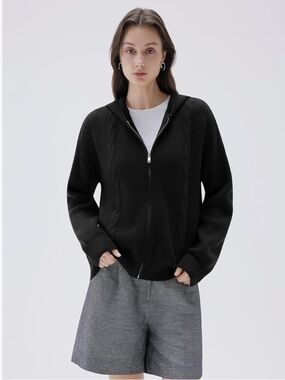 NEW-SUUKSESS Women Chunky Knit Cashmere Blend Zip up Oversized Hoodies